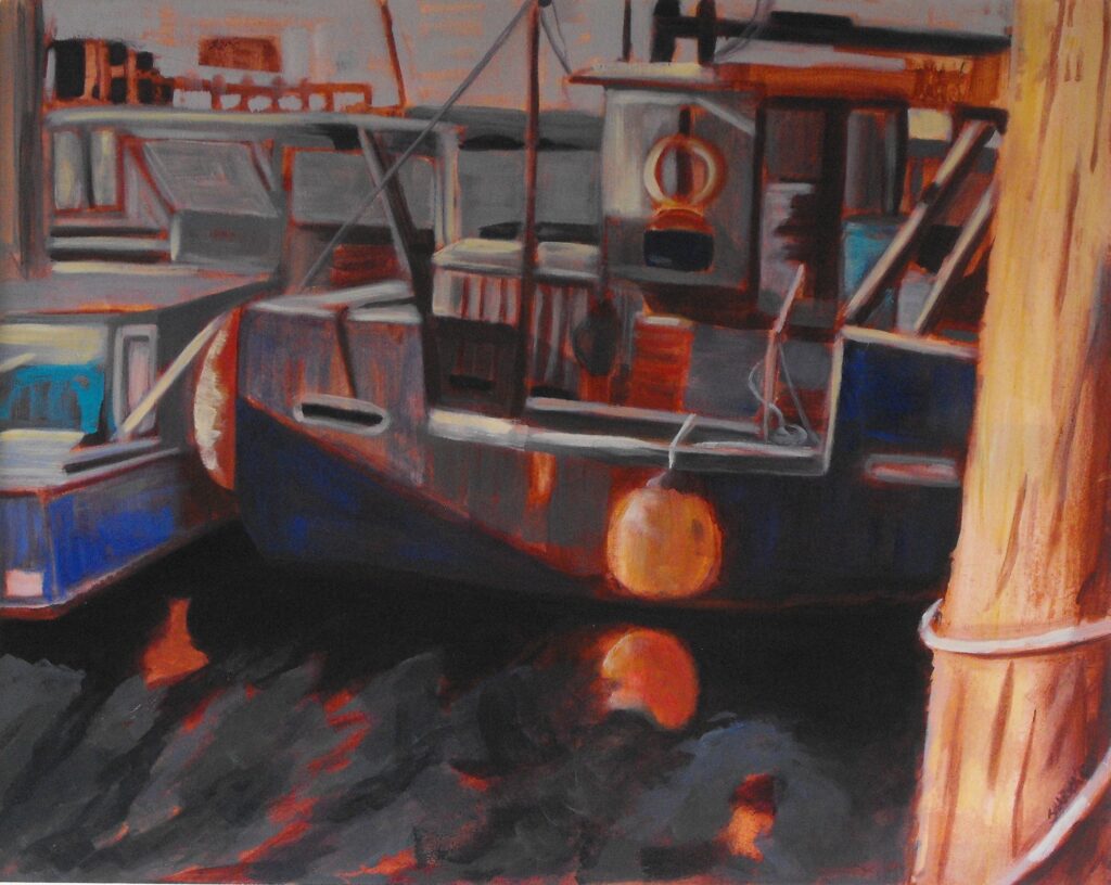 Painting of boat in harbour