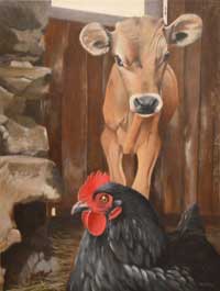 Painting of cow and rooster